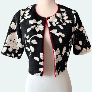 PERCEPTIONS Crop Jacket Floral Textured Sheer Bolero Shrug Black White Size 8P